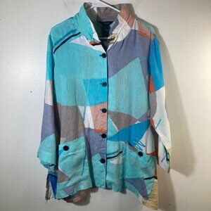 Womens Ali Miles Lagenlook Linen Button Jacket Abstract Aqua Gray Tan L Art to W
